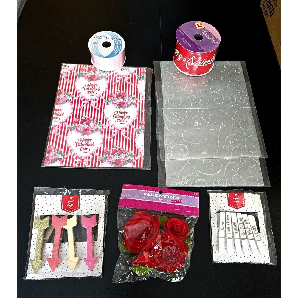 Valentine Lot of Vintage Gift Wrapping Paper and Ribbon. Red Roses Modern Clips.